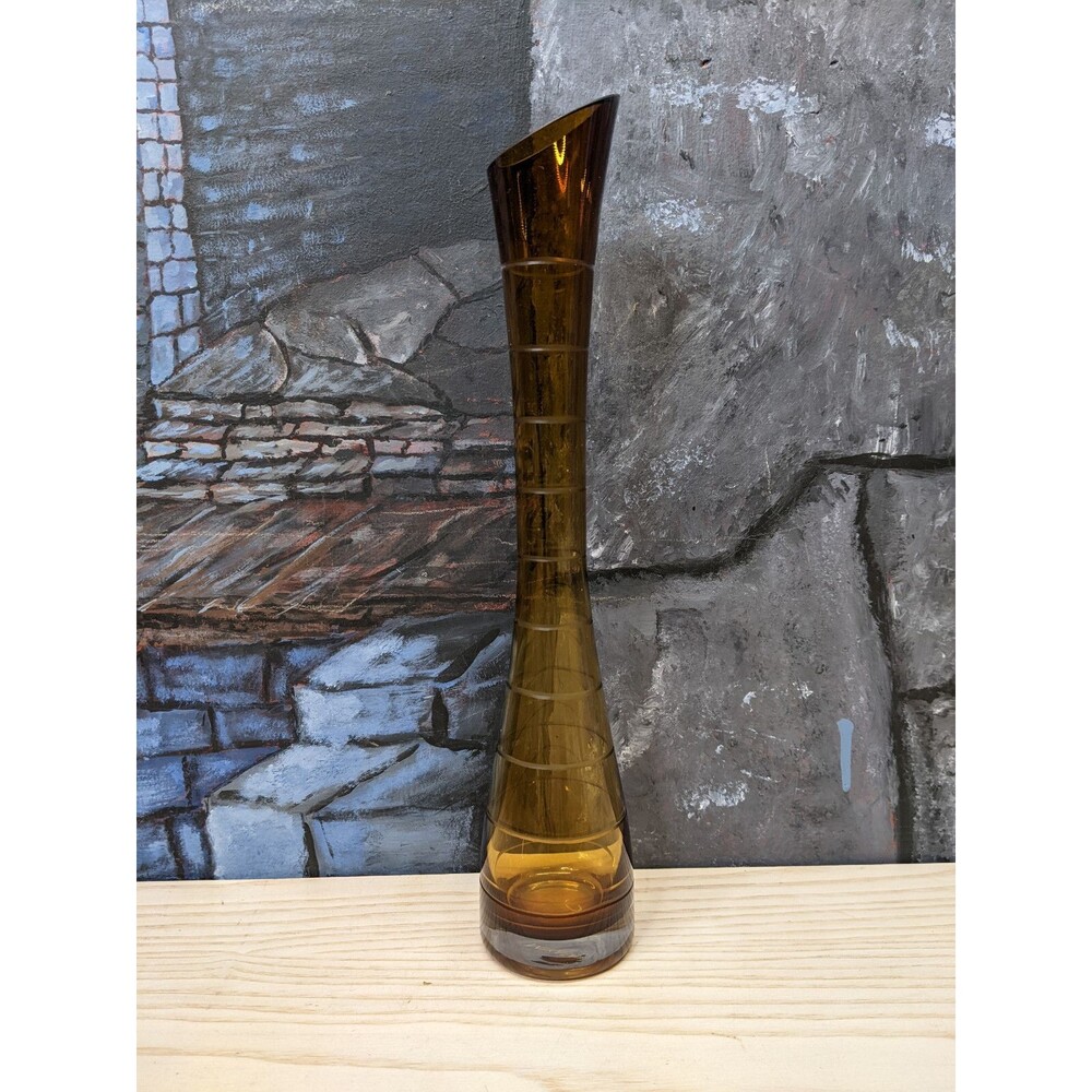 Mikasa Sienna Enchanted Forest Vase Glass Amber 12” Brown Tall Cut Rings Bud